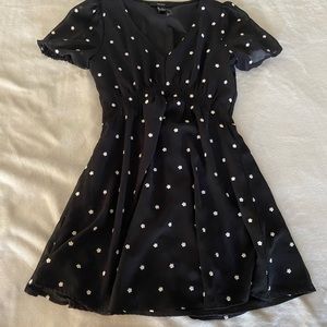 Black mesh overlay dress with white flower embroidery